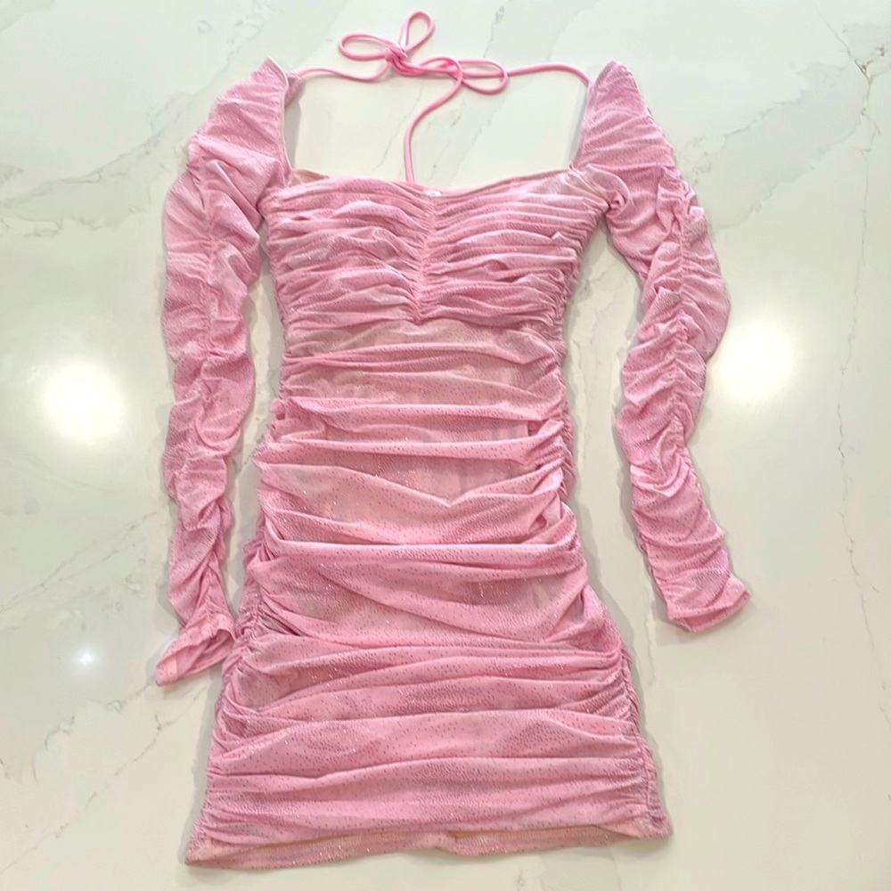 Pink, long sleeved , ruched, sparkle mini dress from Lucy in the Sky.